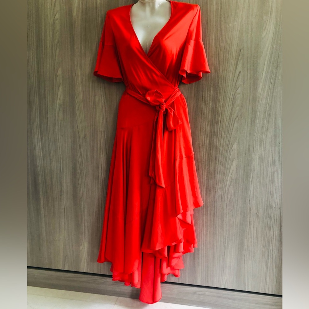 Maje Coral Wrap High-Low Midi Dress with Tie Waist. Size 1 ( S ) - Picture 6 of 12
